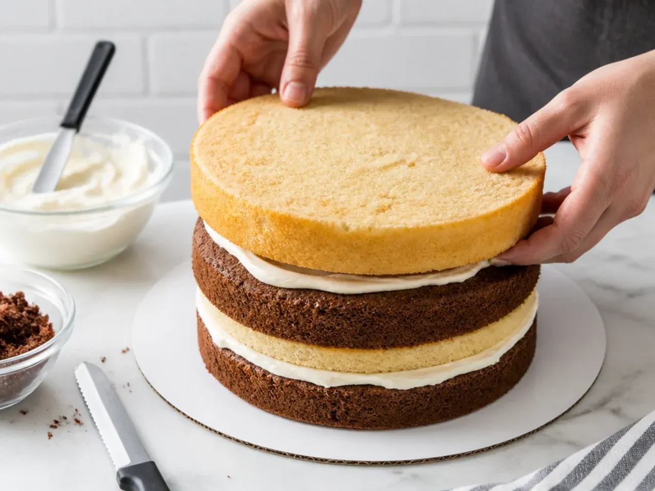 football cake for boys — step 5: level, fill and stack