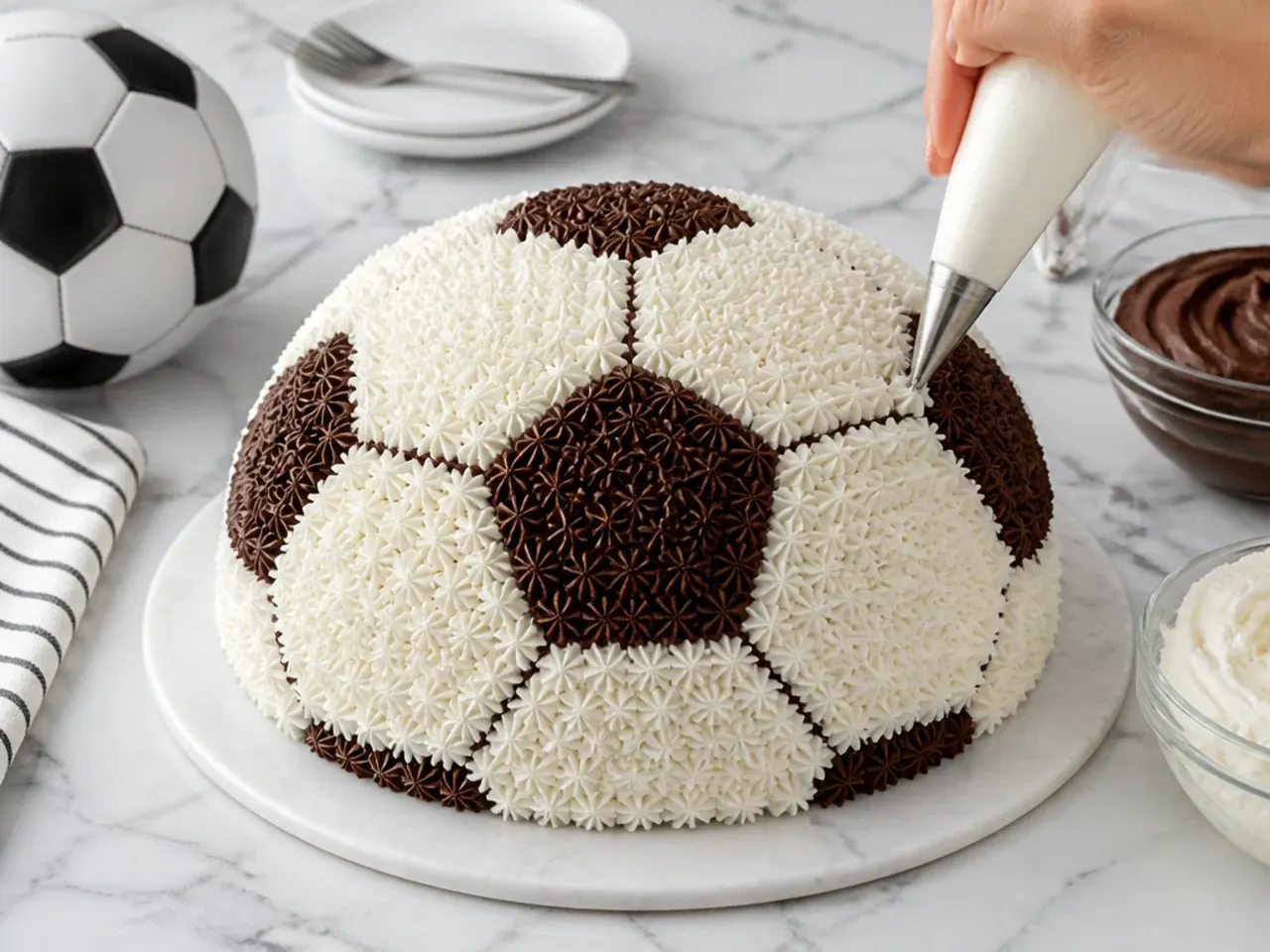 football cake for boys — step 7: cover and decorate as a football