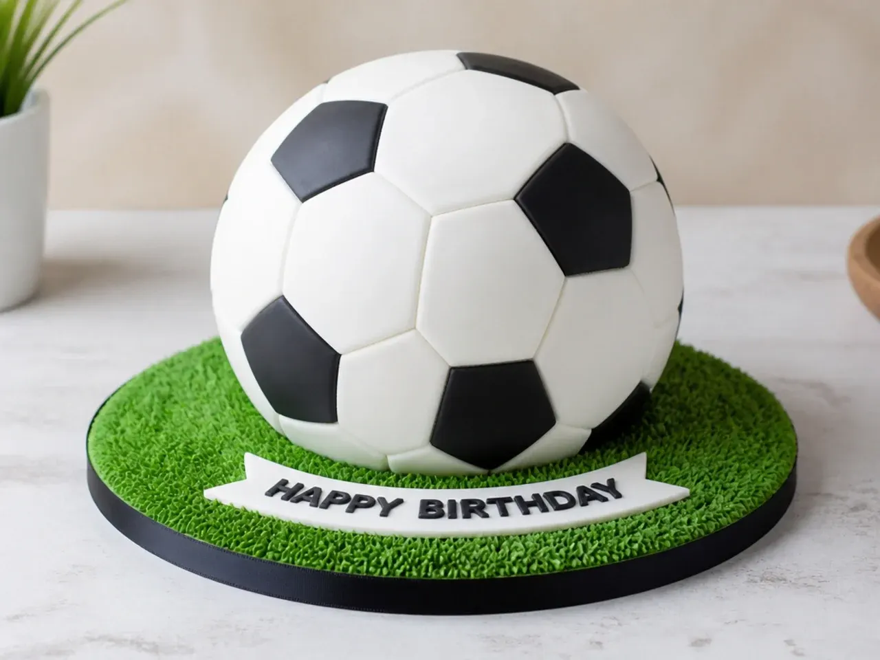Classic black and white soccer ball football cake for boys on a grass-effect board