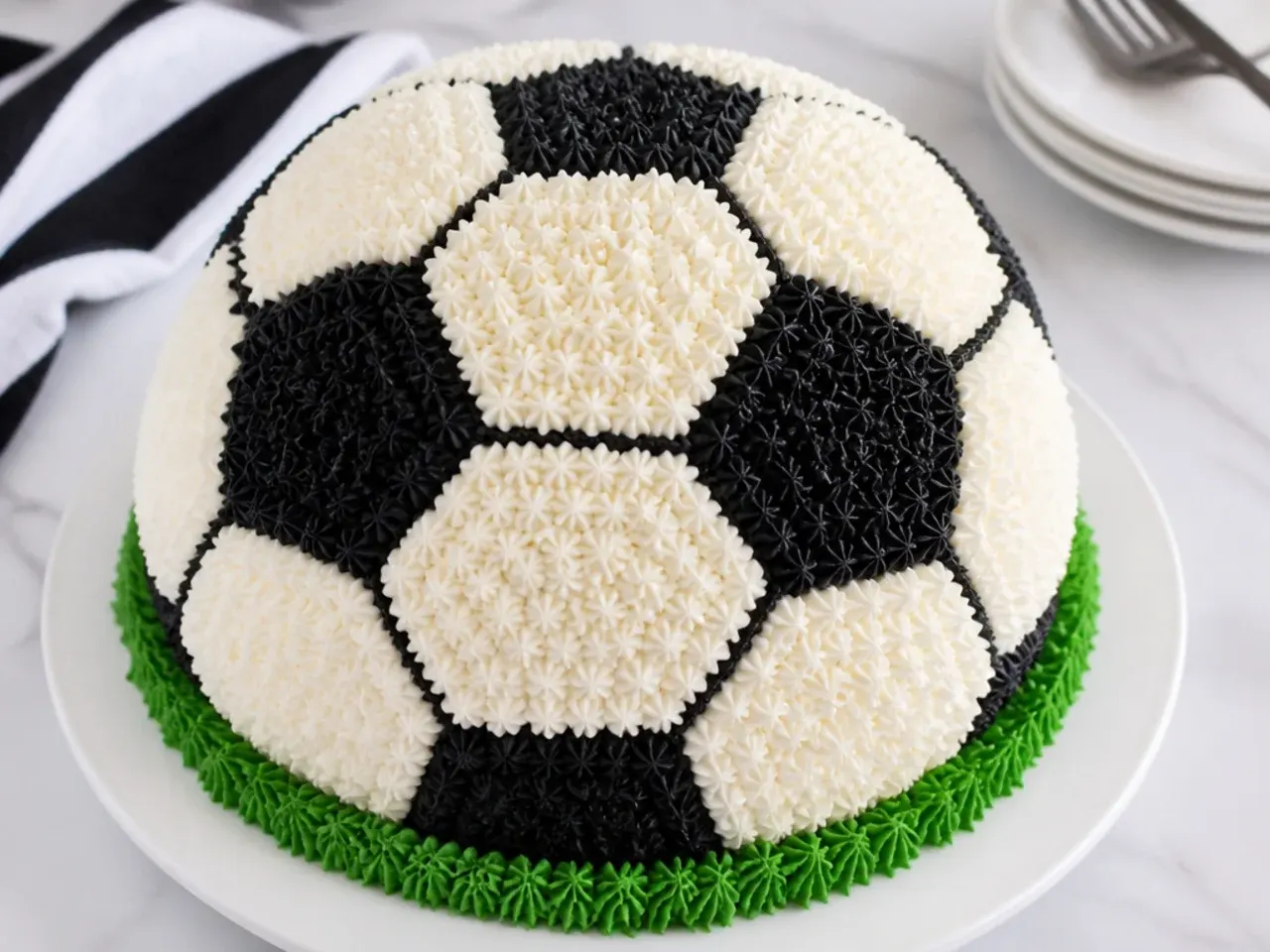 Easy no-carve round football cake for boys decorated with piped black and white hexagons