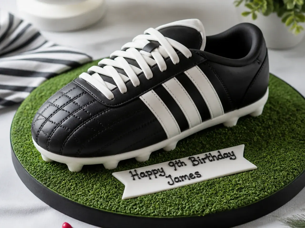 Elegant fondant football boot cake for boys with white sole and laces