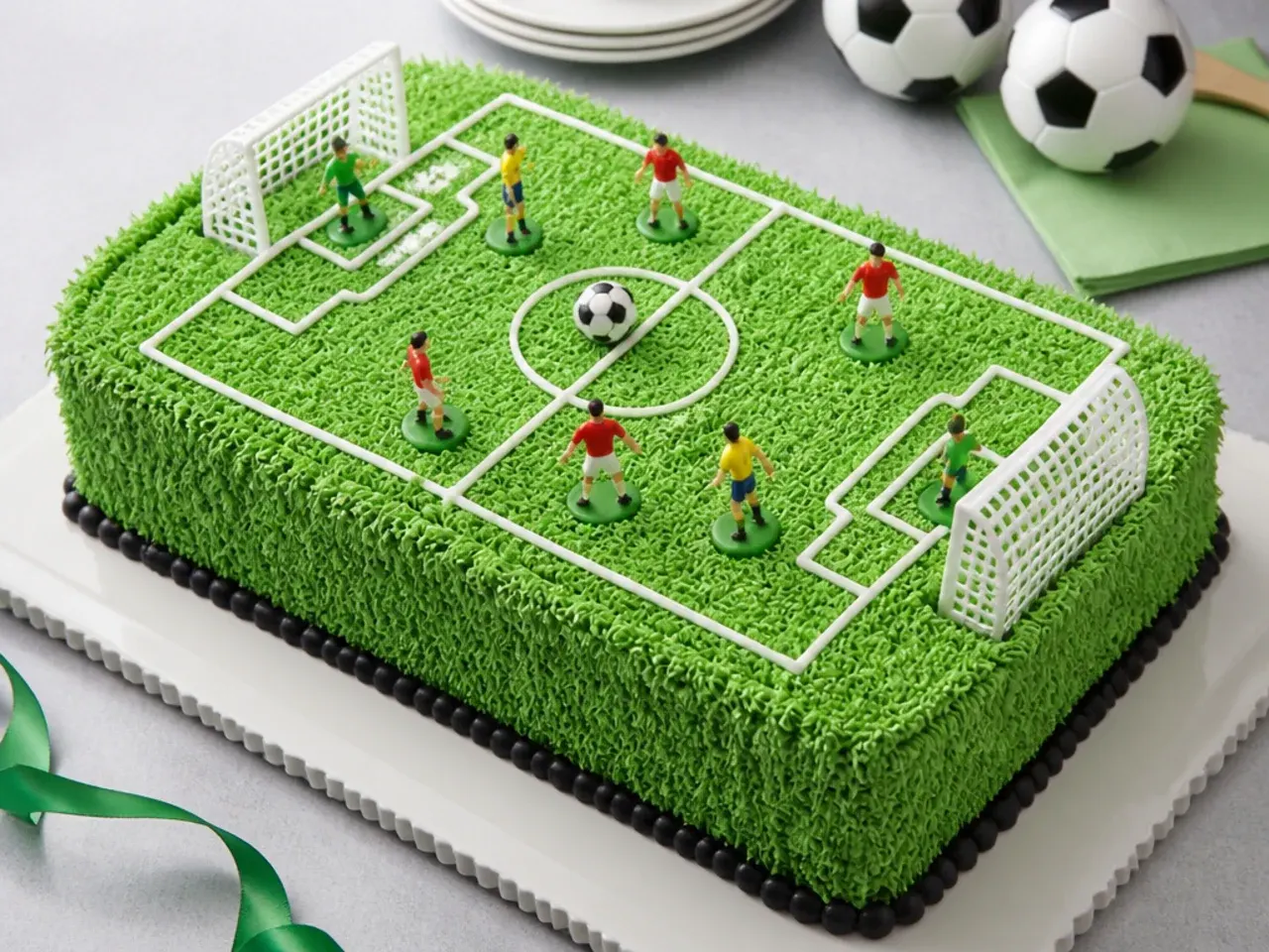 Playful green football pitch sheet cake for boys with white markings and mini players