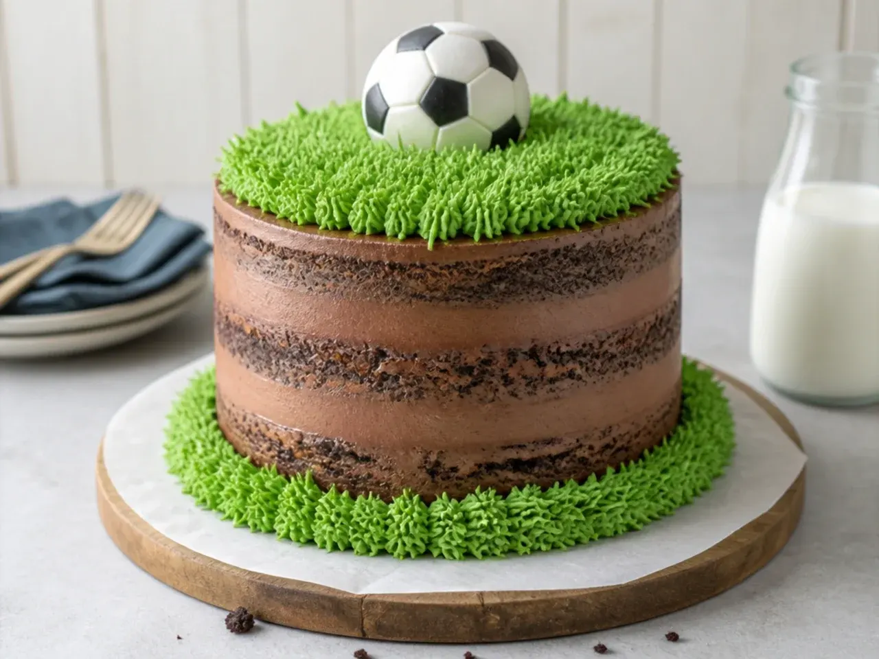 Rustic semi-naked chocolate football cake for boys with piped buttercream grass