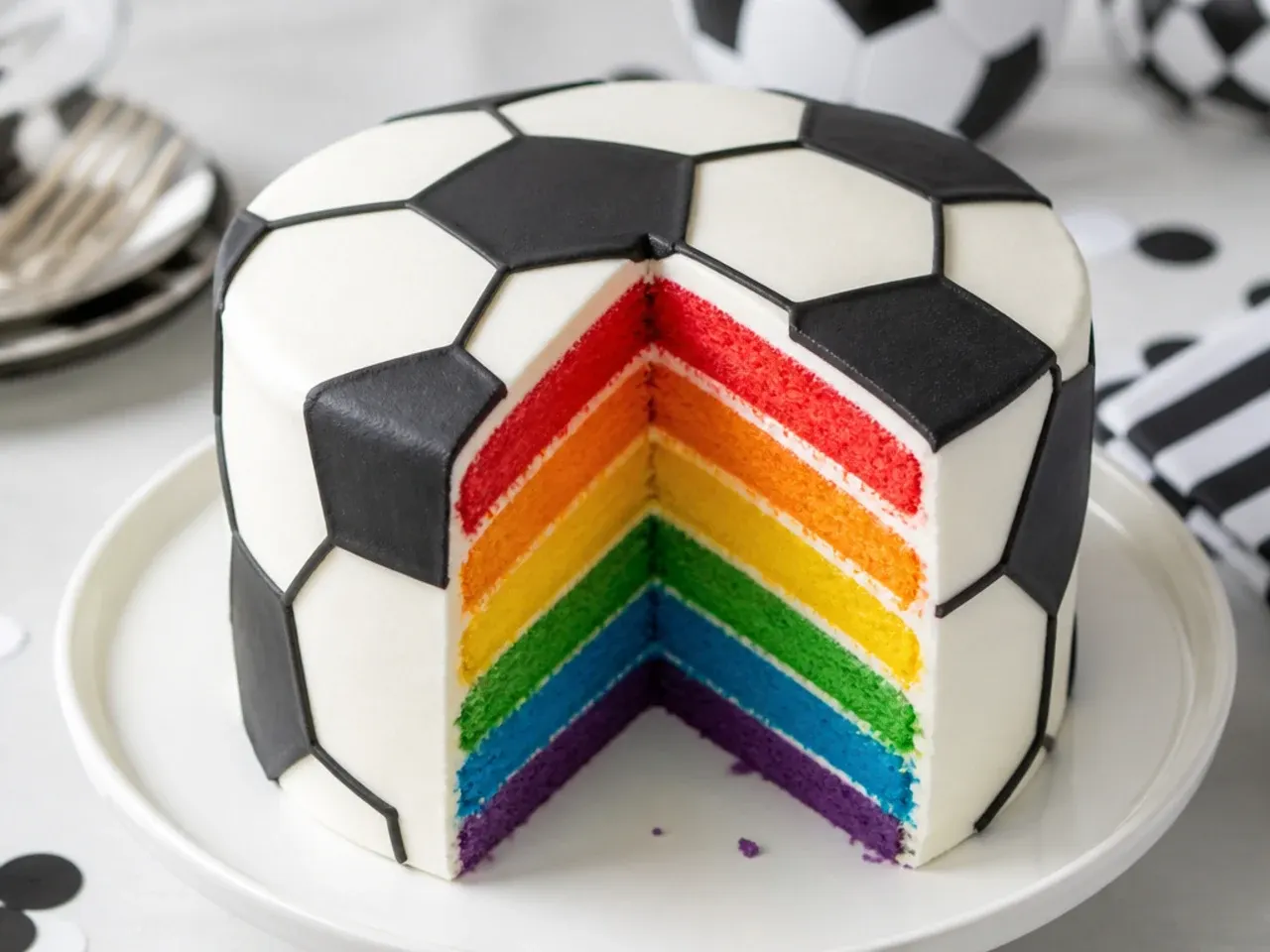 Colourful rainbow-layer football cake for boys with black and white icing outside