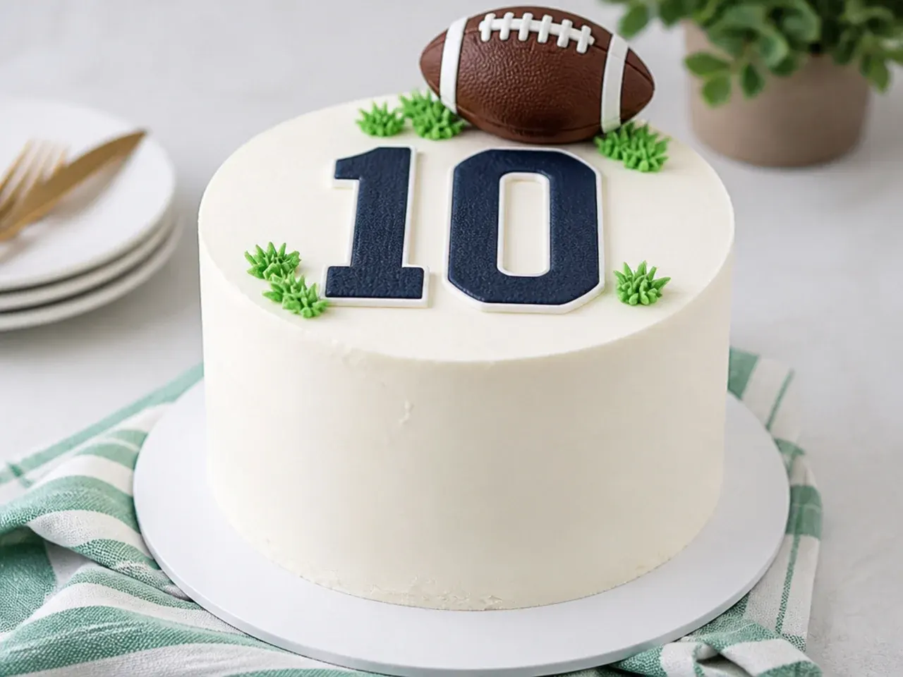 Minimal white football cake for boys with a single bold team number
