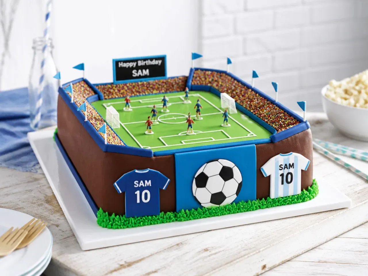 Festive match-day football stadium cake for boys with pitch and supporter stands