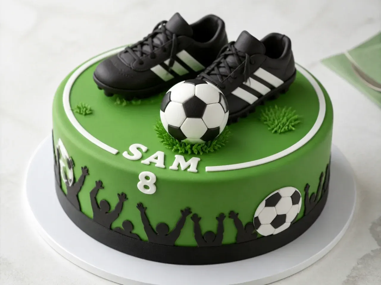 Whimsical football cake for boys topped with modelled fondant boots and ball