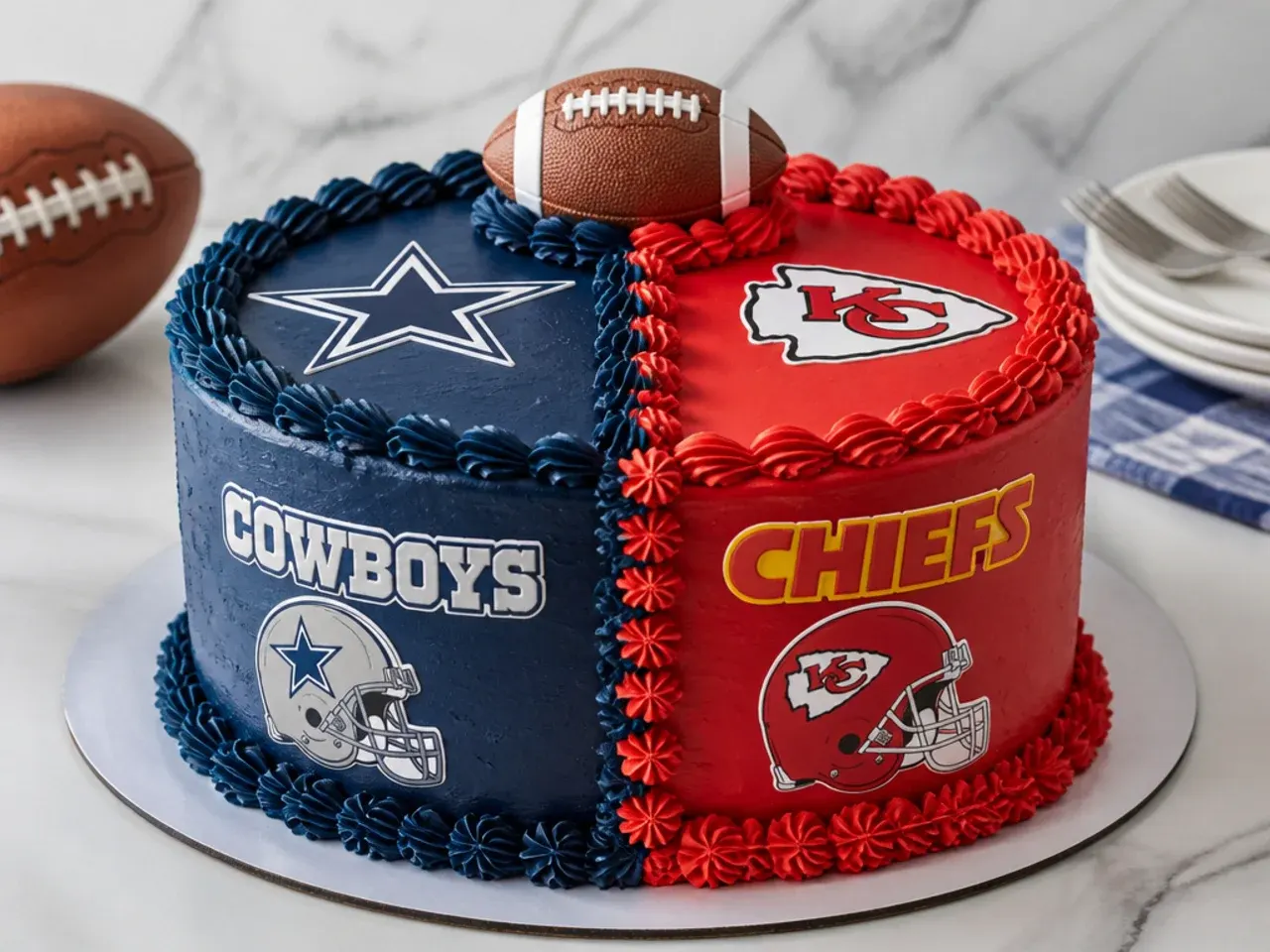 Bold half-and-half rivalry football cake for boys in two team colours