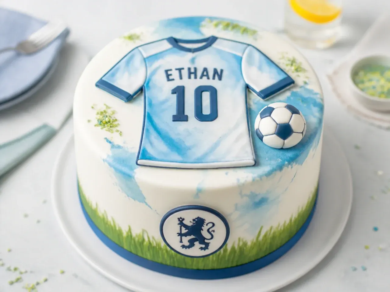 Delicate watercolour football kit cake for boys in soft team colours