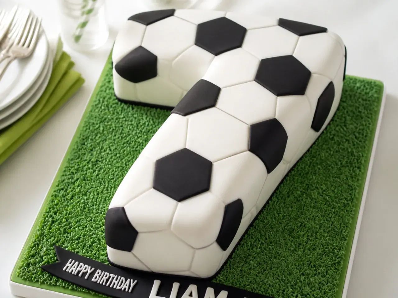 Charming number-shaped football cake for boys covered in a soccer ball pattern