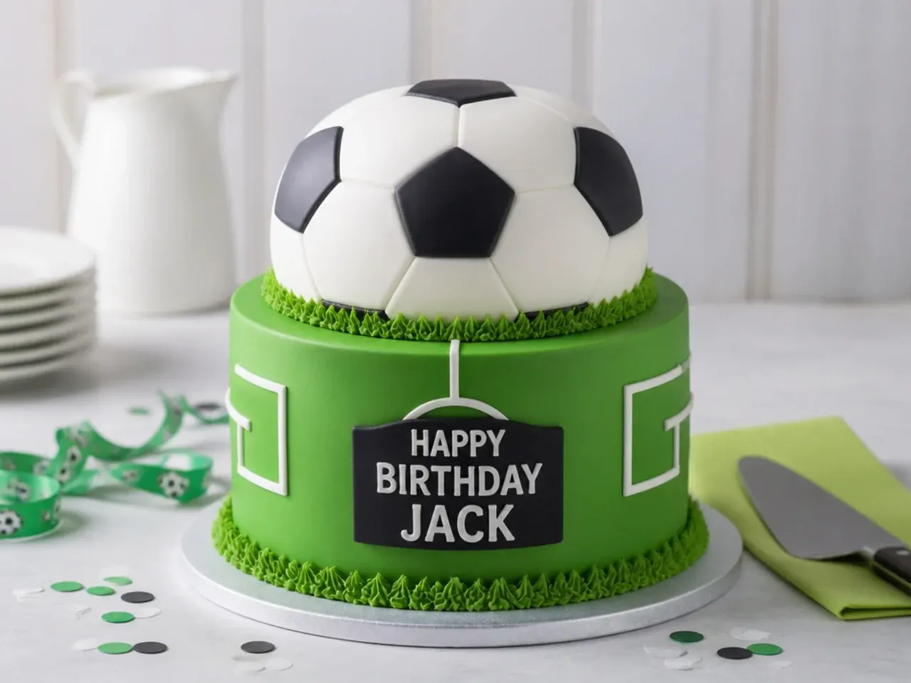 Classic two-tier football celebration cake for boys with a pitch and ball tier