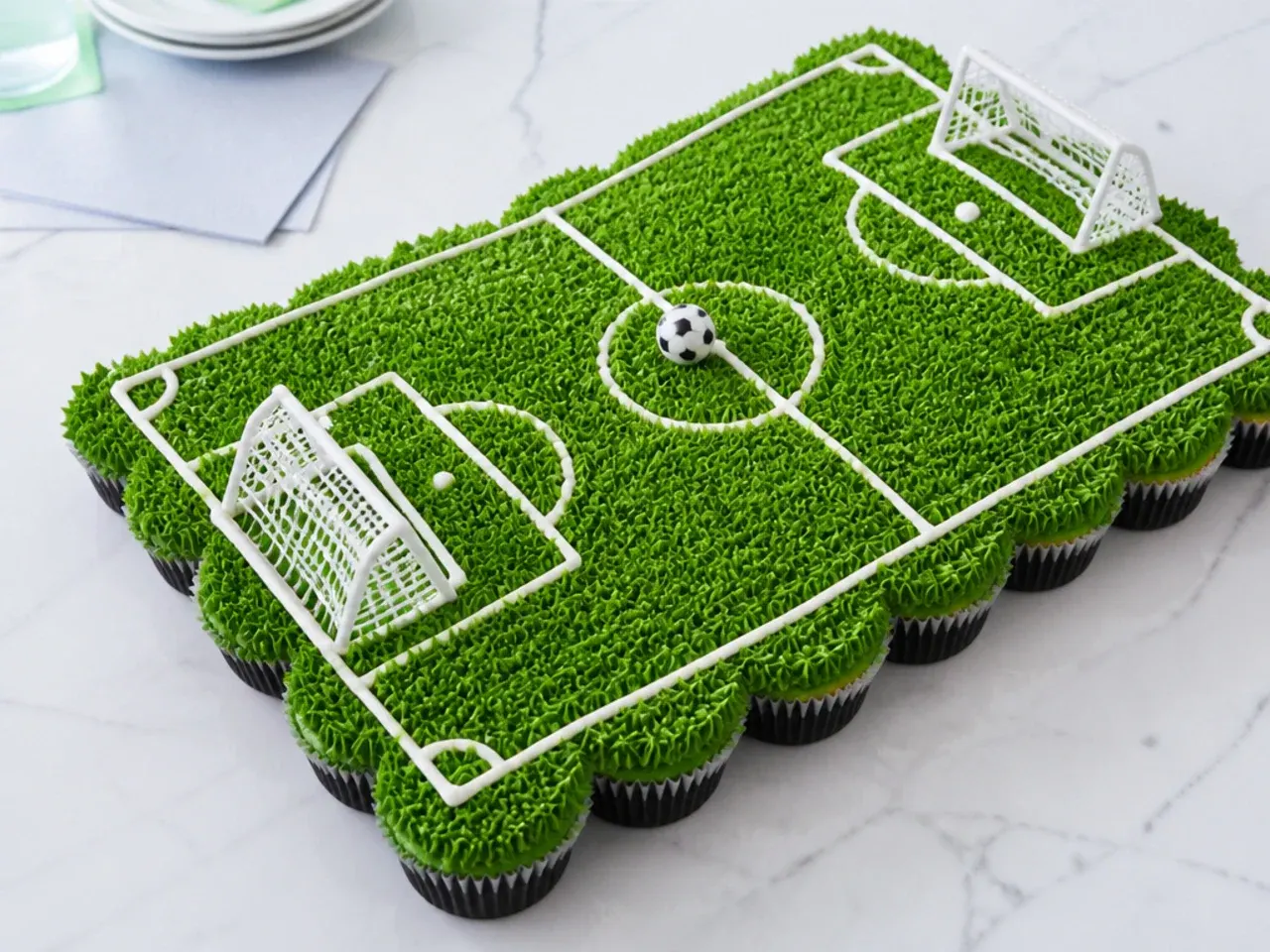 Easy football pitch made from pull-apart cupcakes for boys' party
