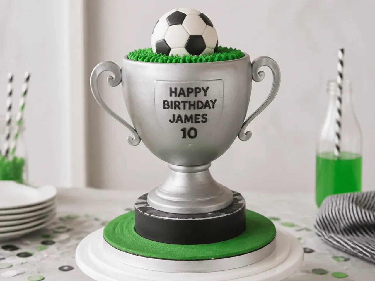 Playful football trophy cake for boys in silver fondant with modelled handles