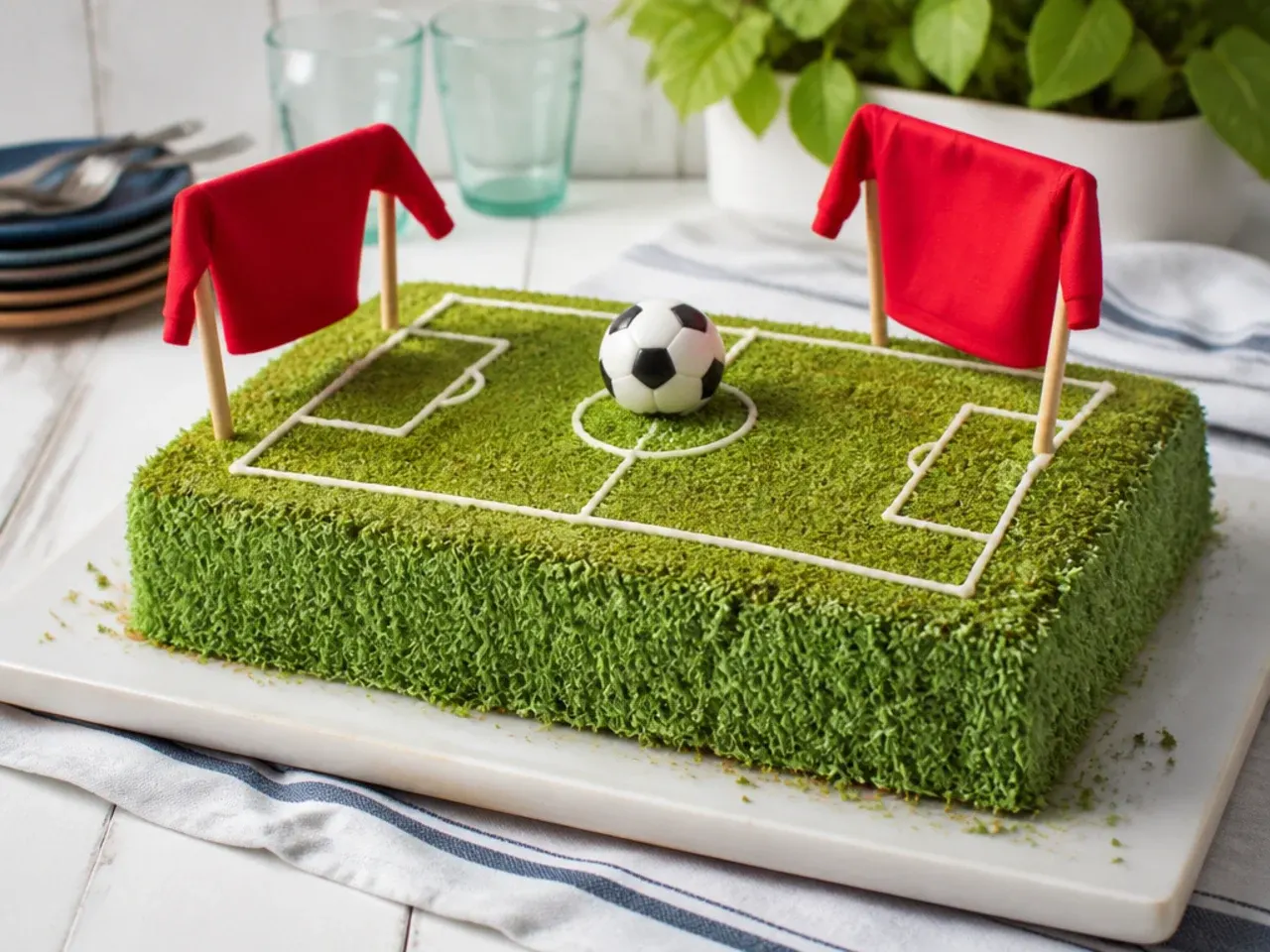 Rustic garden kickabout football cake for boys with textured grass and jumpers-for-goalposts