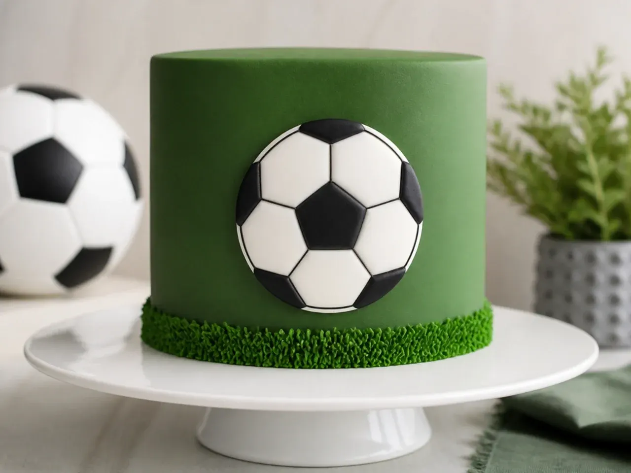 Minimal football cake for boys with a single soccer-ball panel accent