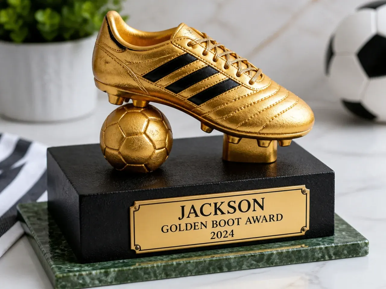 Festive golden boot award football cake for boys on an engraved plinth