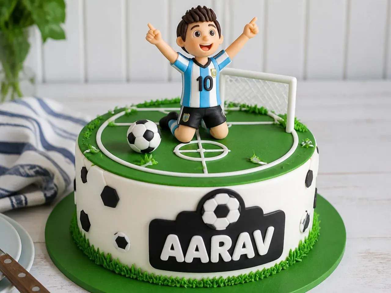 Whimsical footballer character cake for boys with a celebrating player figure