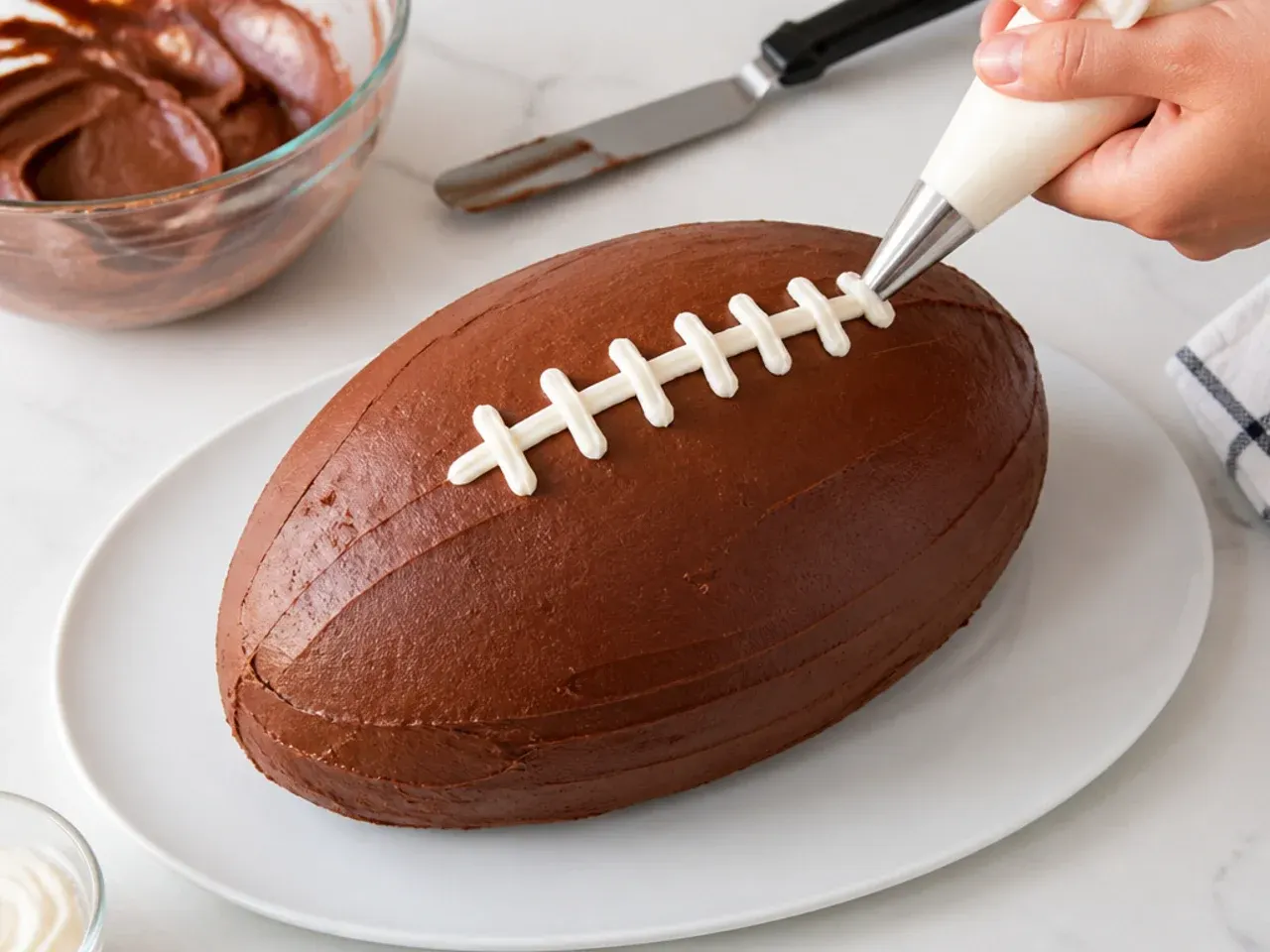 football cake ideas — step 7: frost and pipe the laces