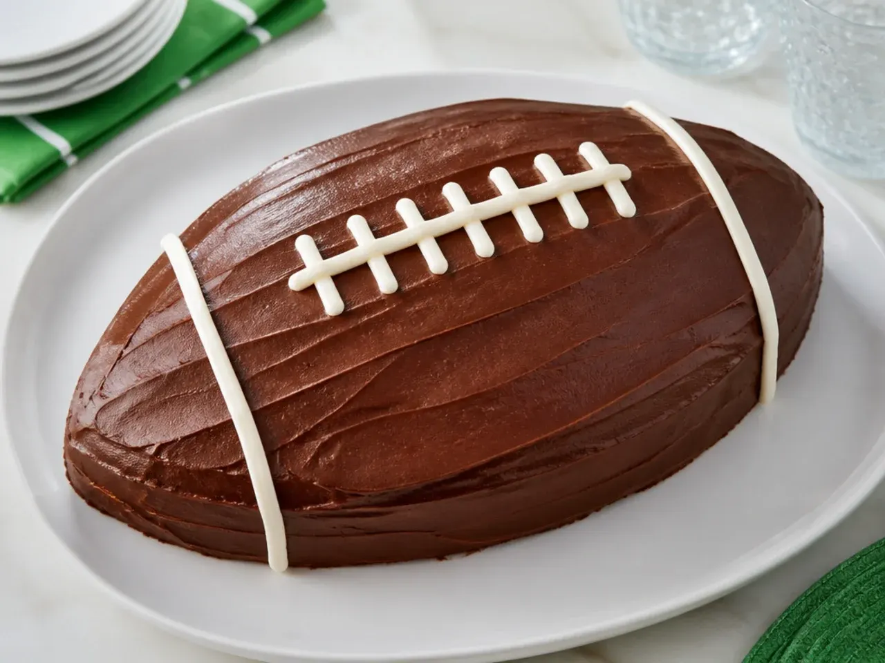 Classic football shaped cake with chocolate frosting and piped white buttercream laces