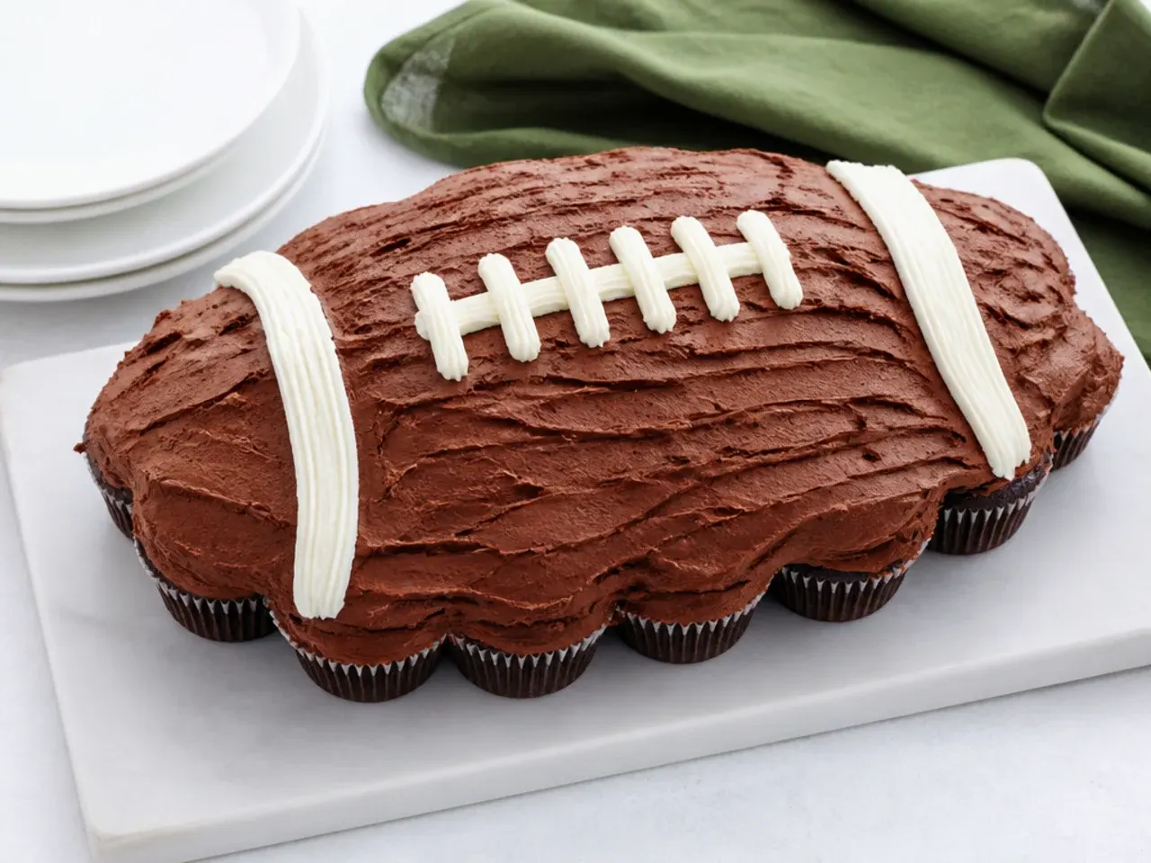 Pull-apart football cupcake cake idea frosted as one football with white laces