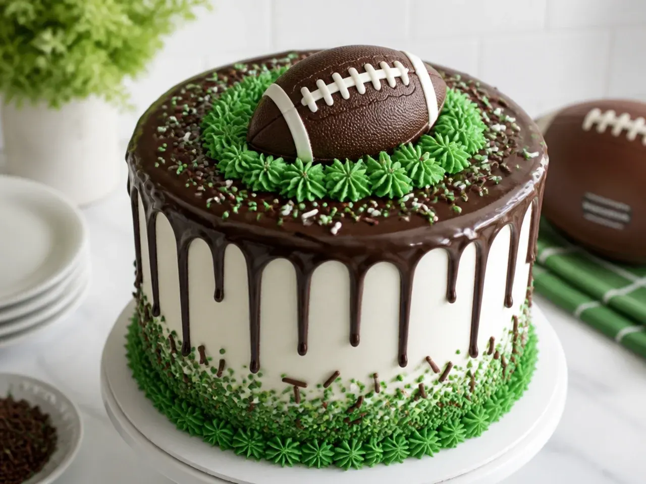 Modern football themed drip cake with chocolate ganache and team colour buttercream