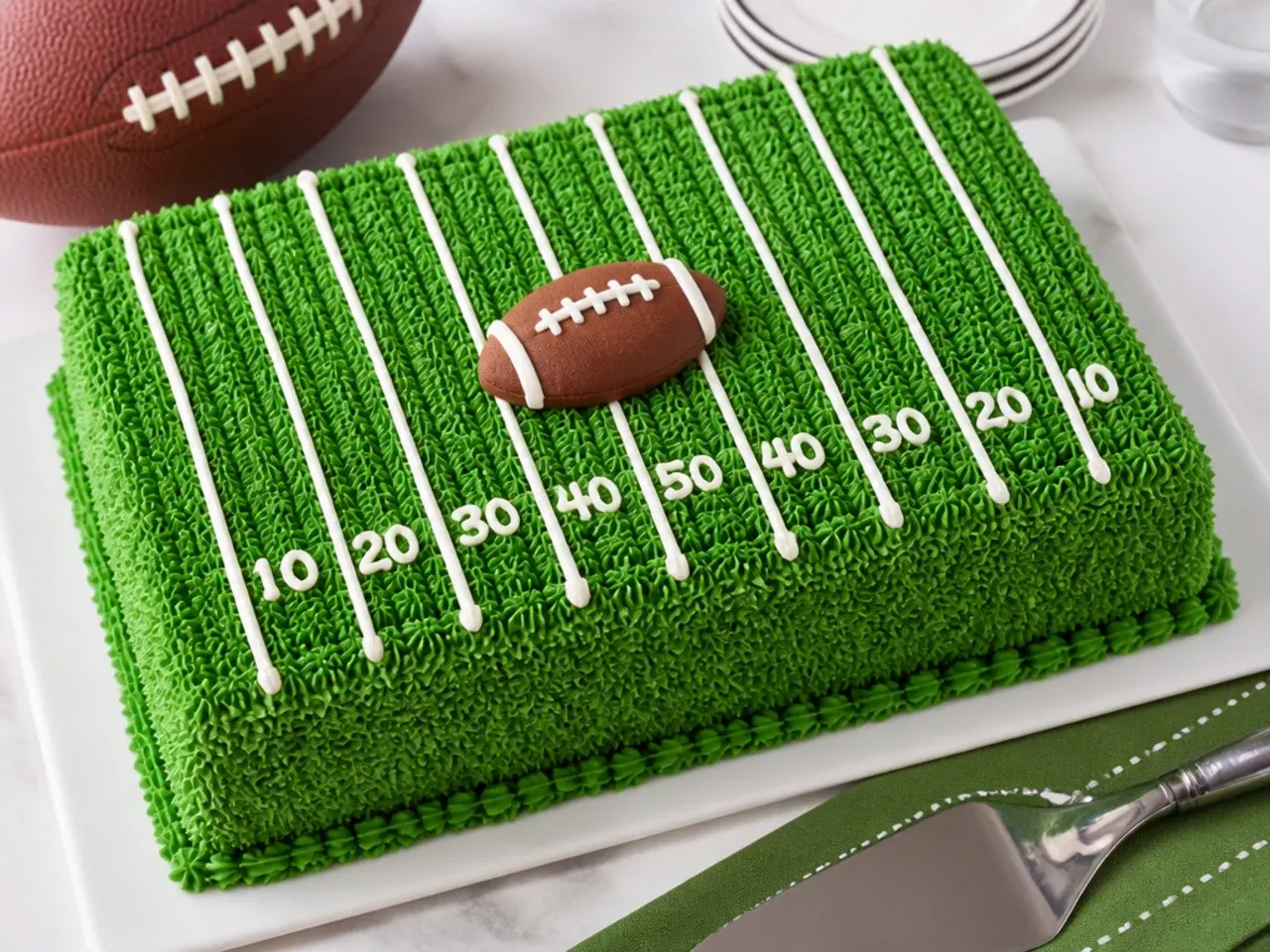 Football field sheet cake idea with piped green buttercream grass and white yard lines