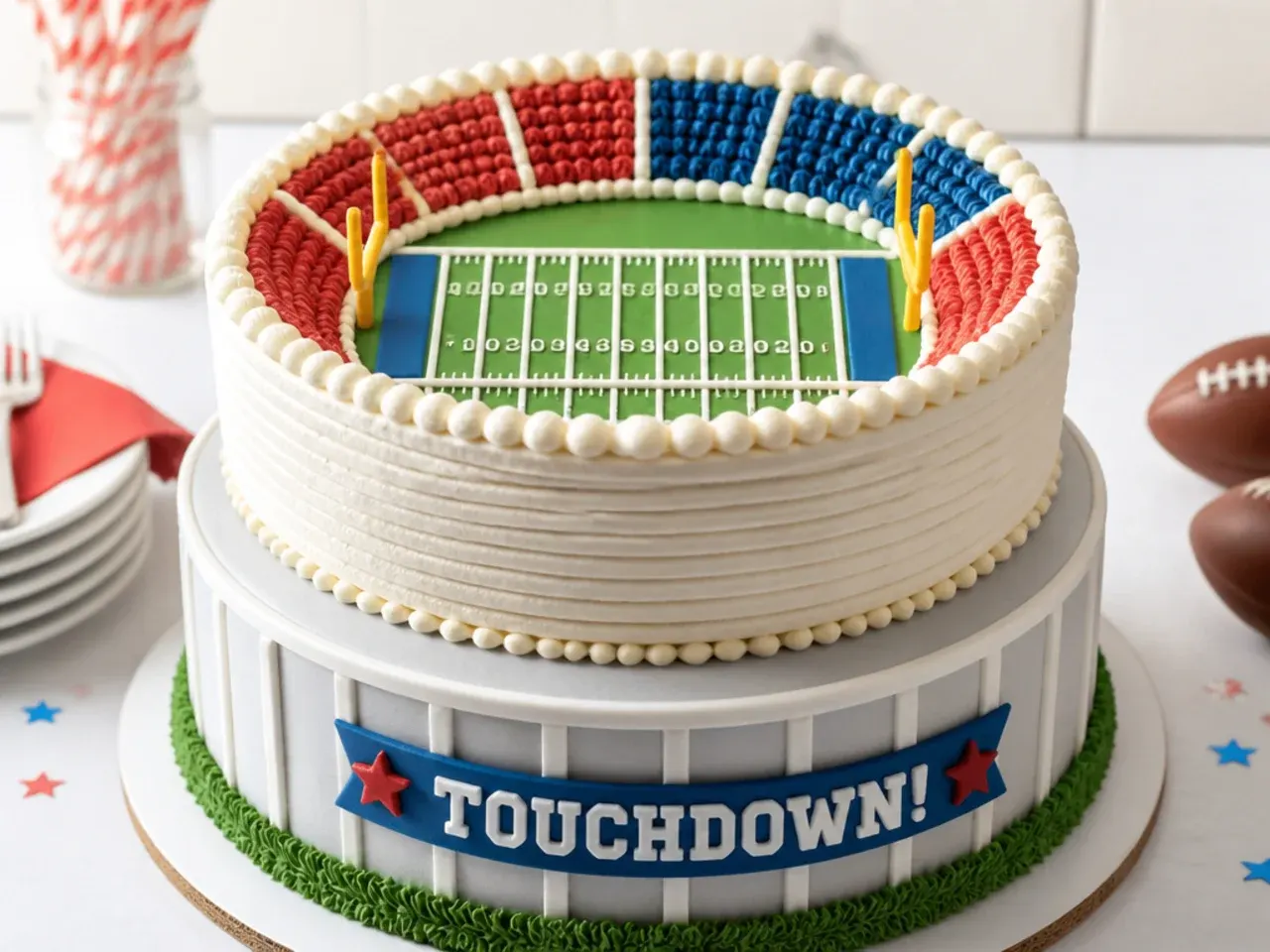 Two tier football stadium cake idea with combed buttercream stands and green pitch top