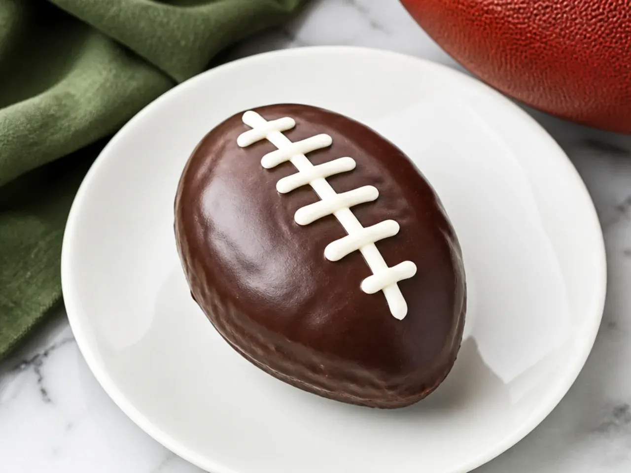 Mini football shaped snack cakes dipped in chocolate glaze with white icing laces