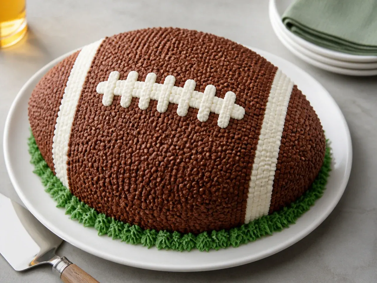 Textured pigskin football cake idea with stippled chocolate buttercream and white laces