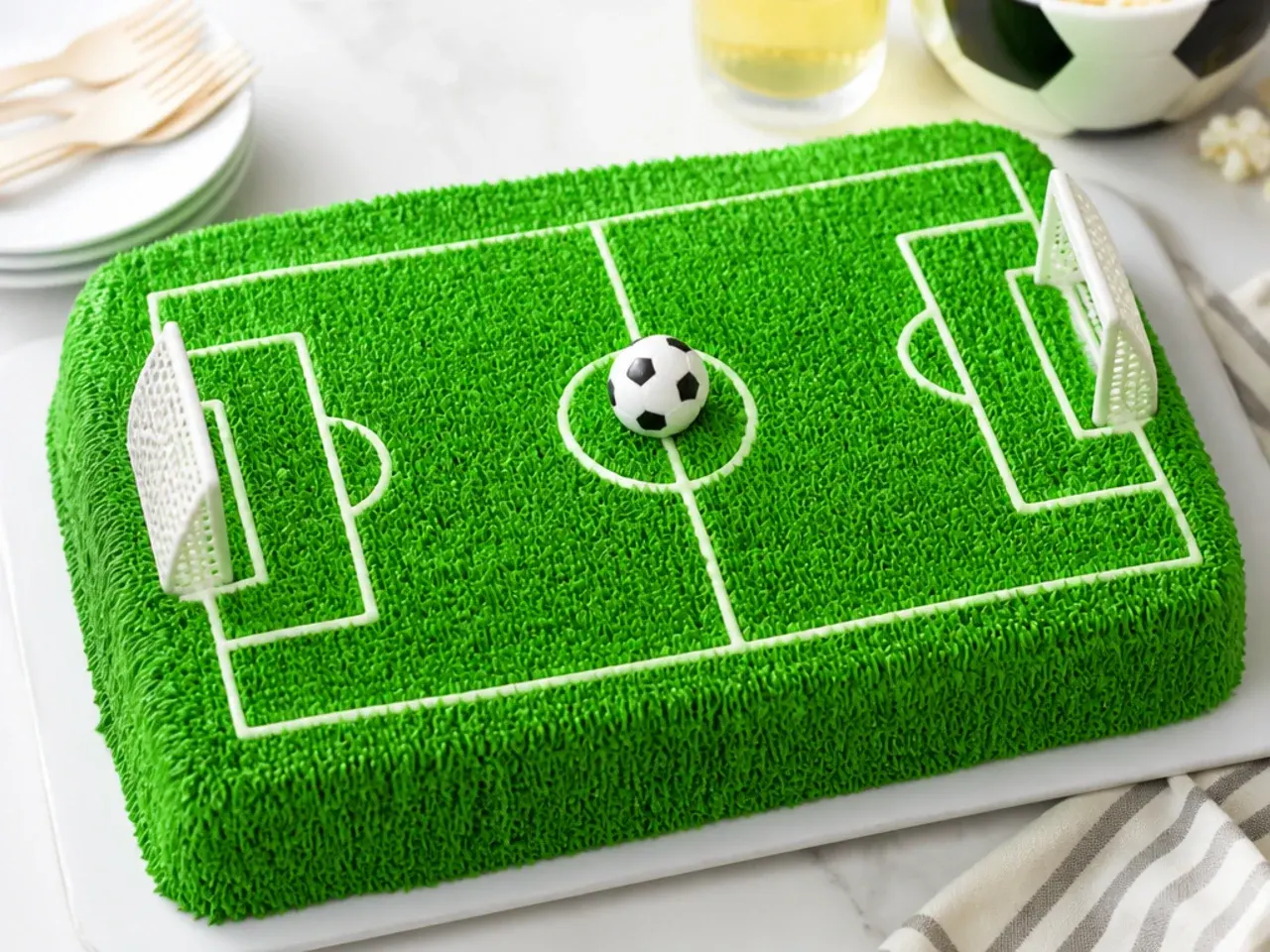 Green football pitch cake idea for soccer fans with piped white pitch markings