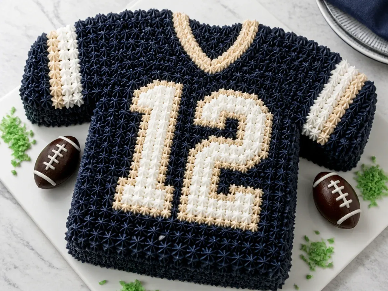 Football jersey number cake idea with piped buttercream dollops and chocolate footballs