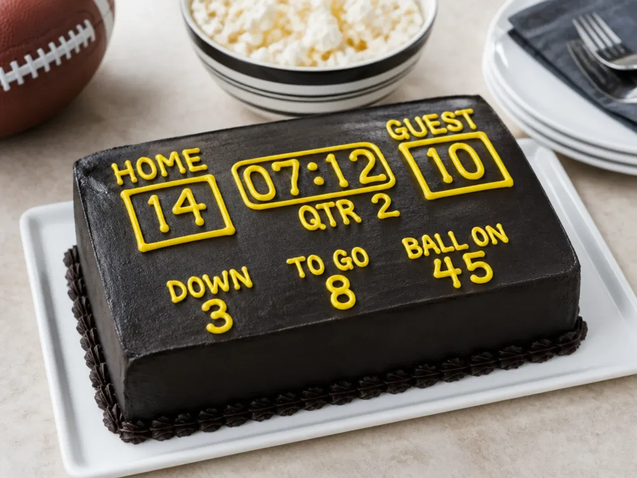 Game day scoreboard football cake idea with yellow piped scores on black frosting