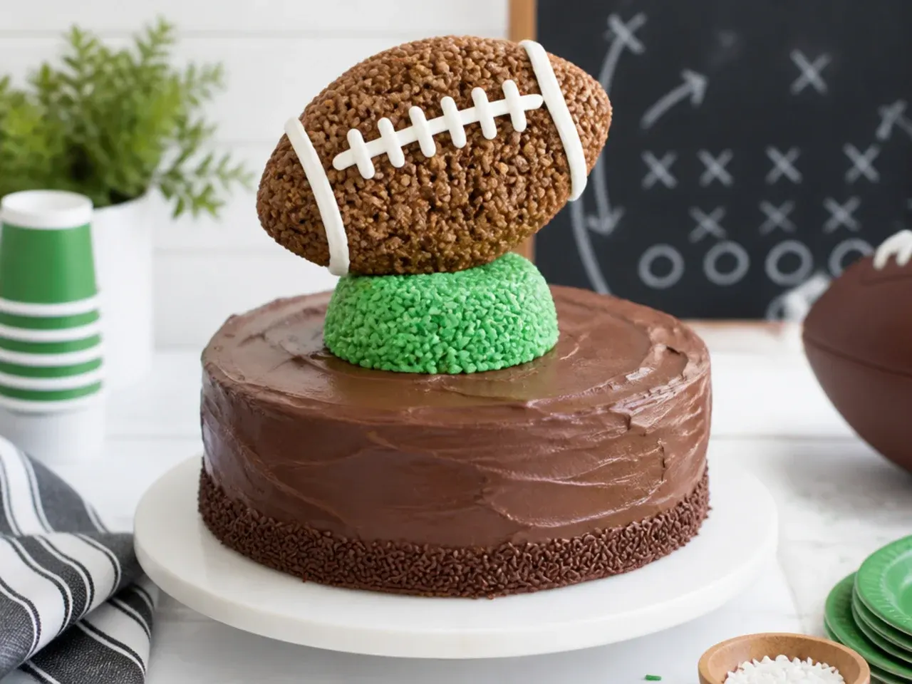 3D football cake topper idea made from rice cereal treats on a chocolate cake