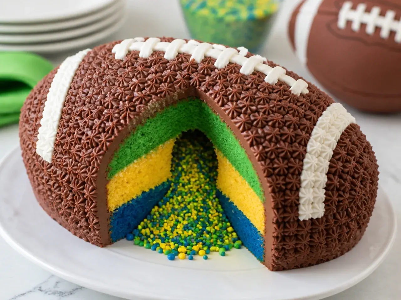 Surprise inside football cake idea with team colour layers and hidden sprinkle core