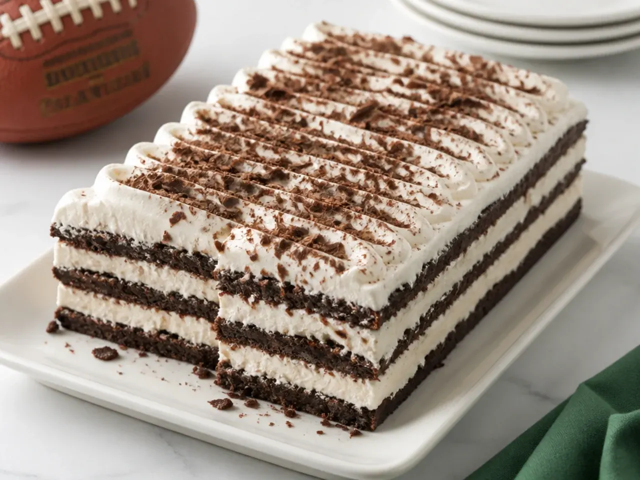 No-bake referee stripe icebox cake idea for a football party with black and white stripes