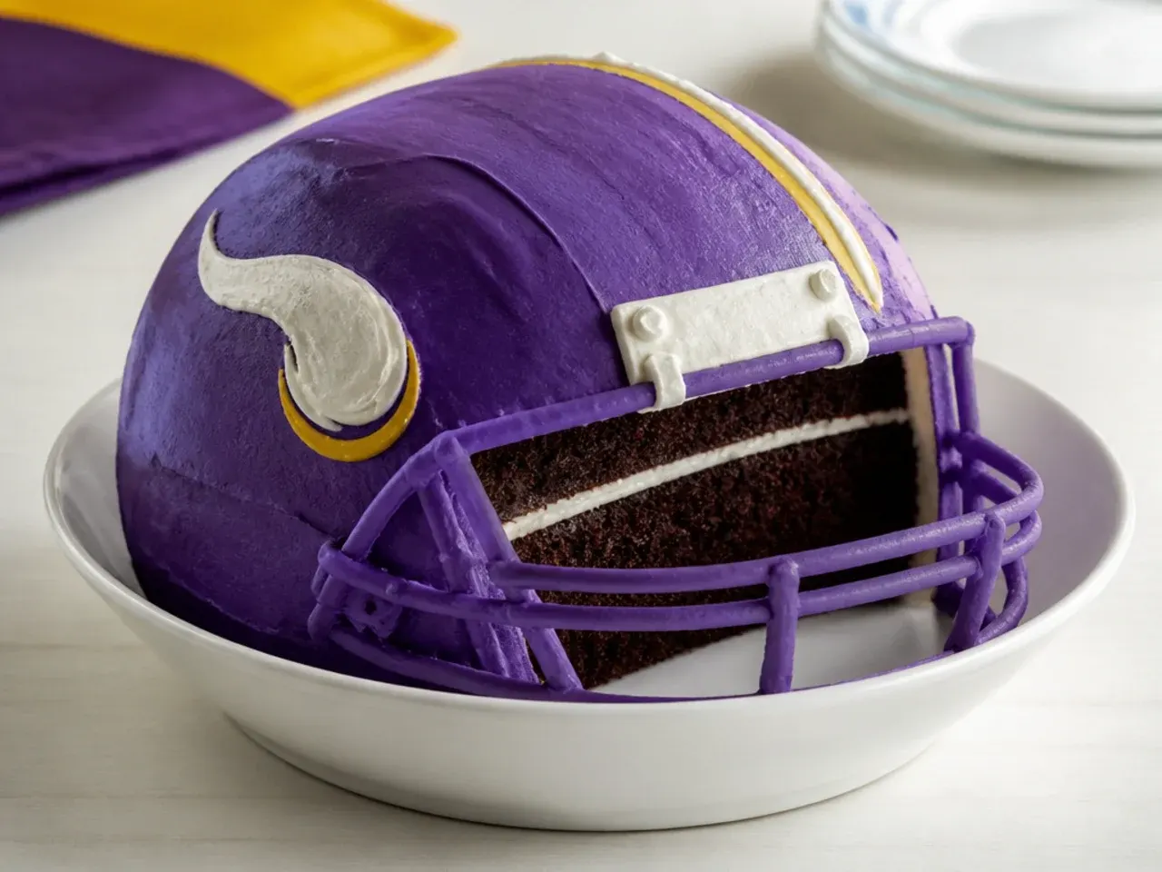 Carved football helmet cake idea baked in a bowl with smooth team colour frosting