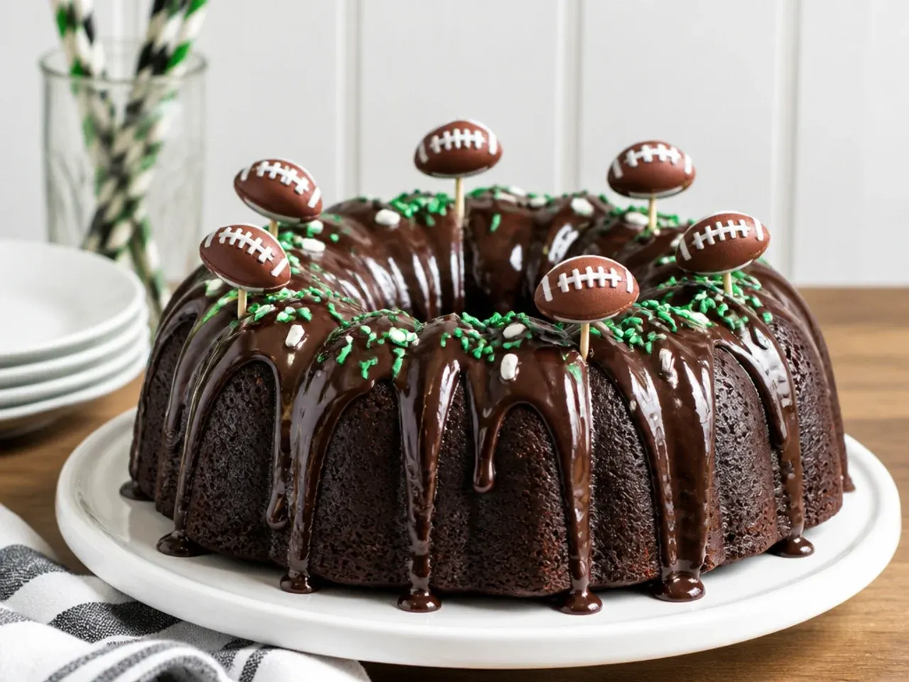Chocolate bundt football party cake idea with ganache glaze and mini football picks
