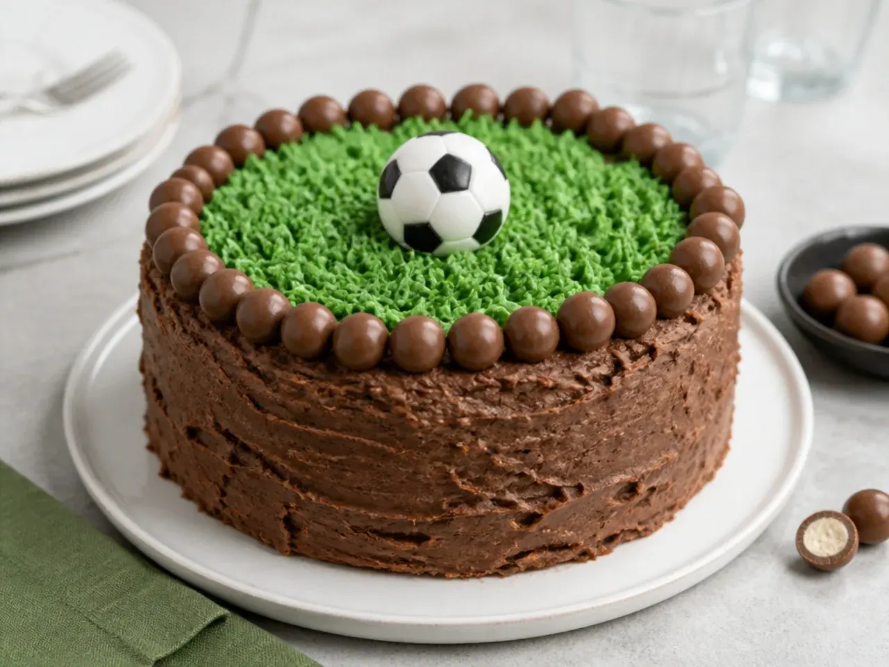 Rustic Malteser football cake idea with chocolate frosting and piped grass patch