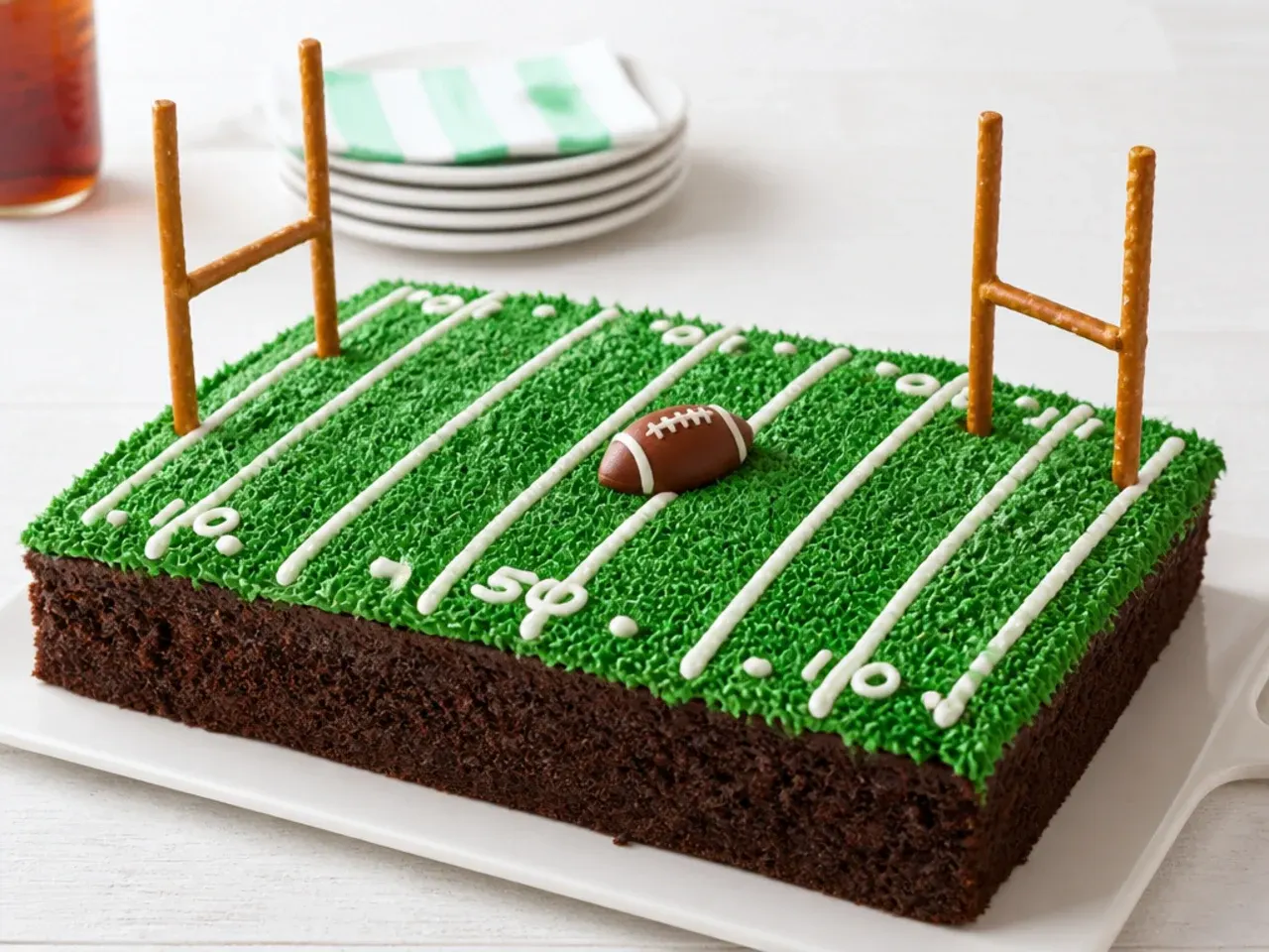Tailgate football cake idea with pretzel rod goalposts on green buttercream turf