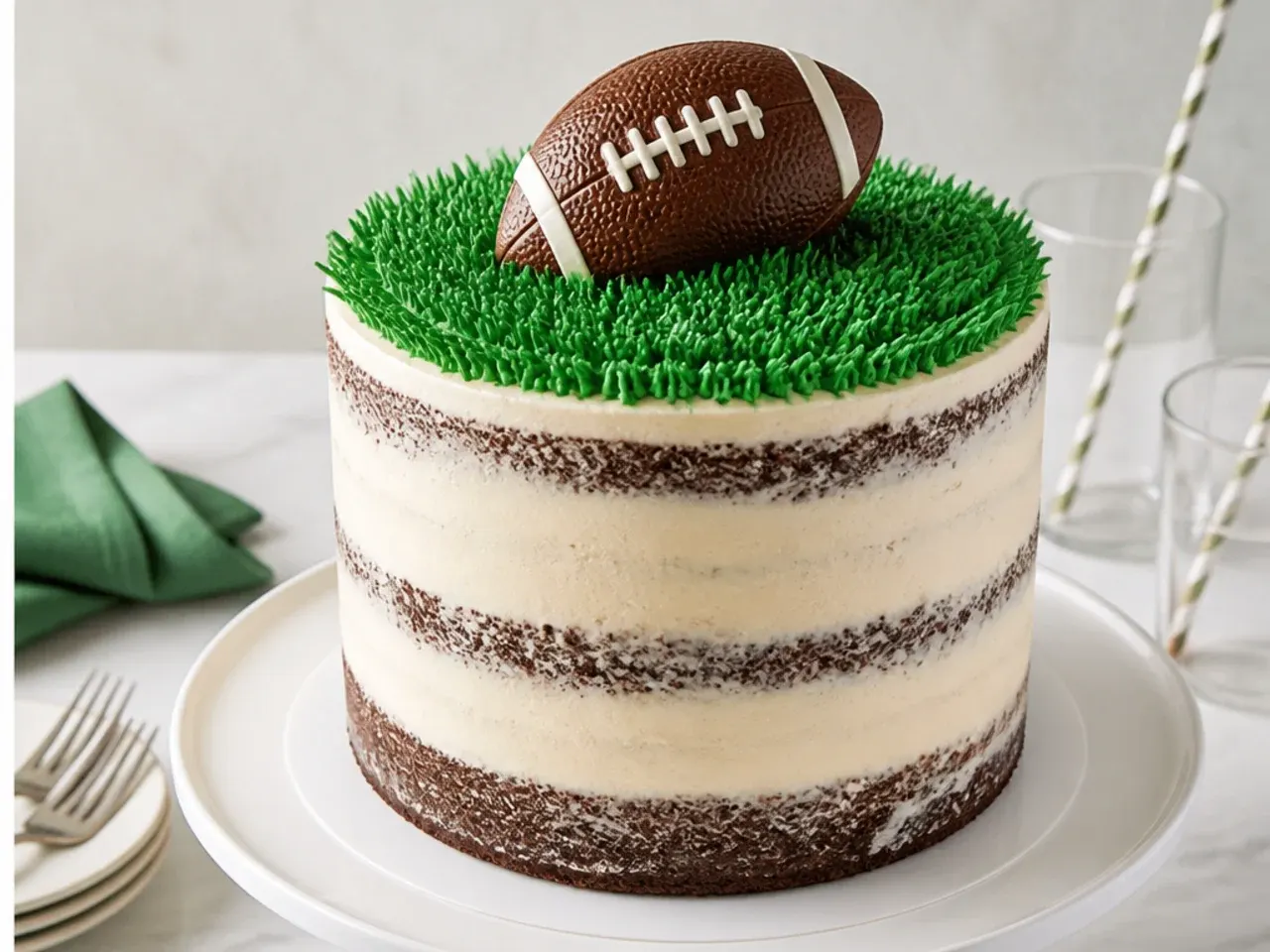 Semi naked football party cake idea with scraped buttercream and chocolate football topper