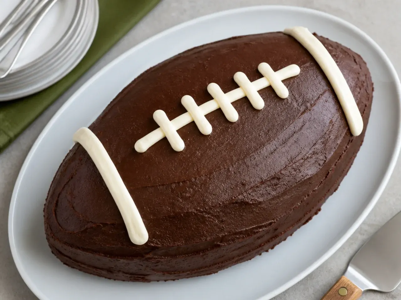 Gluten free chocolate football cake idea with buttercream laces