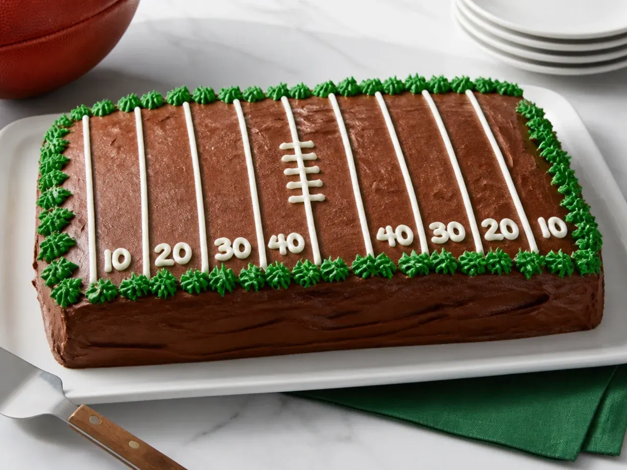 Quick doctored box mix football cake idea with whipped chocolate frosting