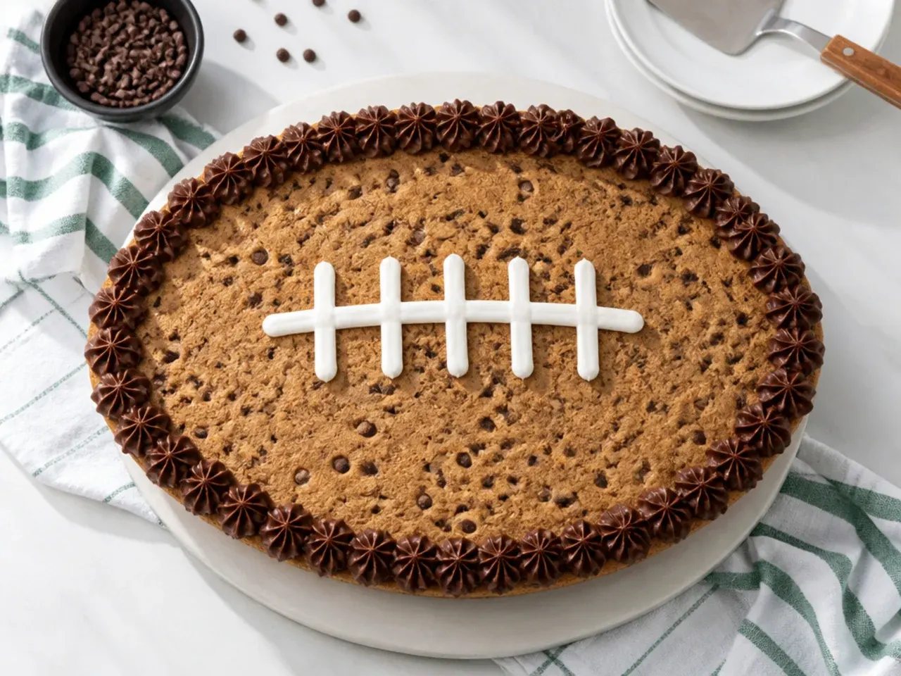 Giant football cookie cake idea with piped chocolate border and white laces