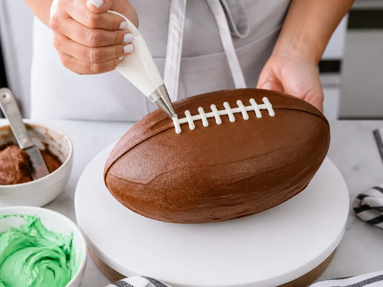 Baker piping white laces on a football cake with gel coloured buttercream nearby