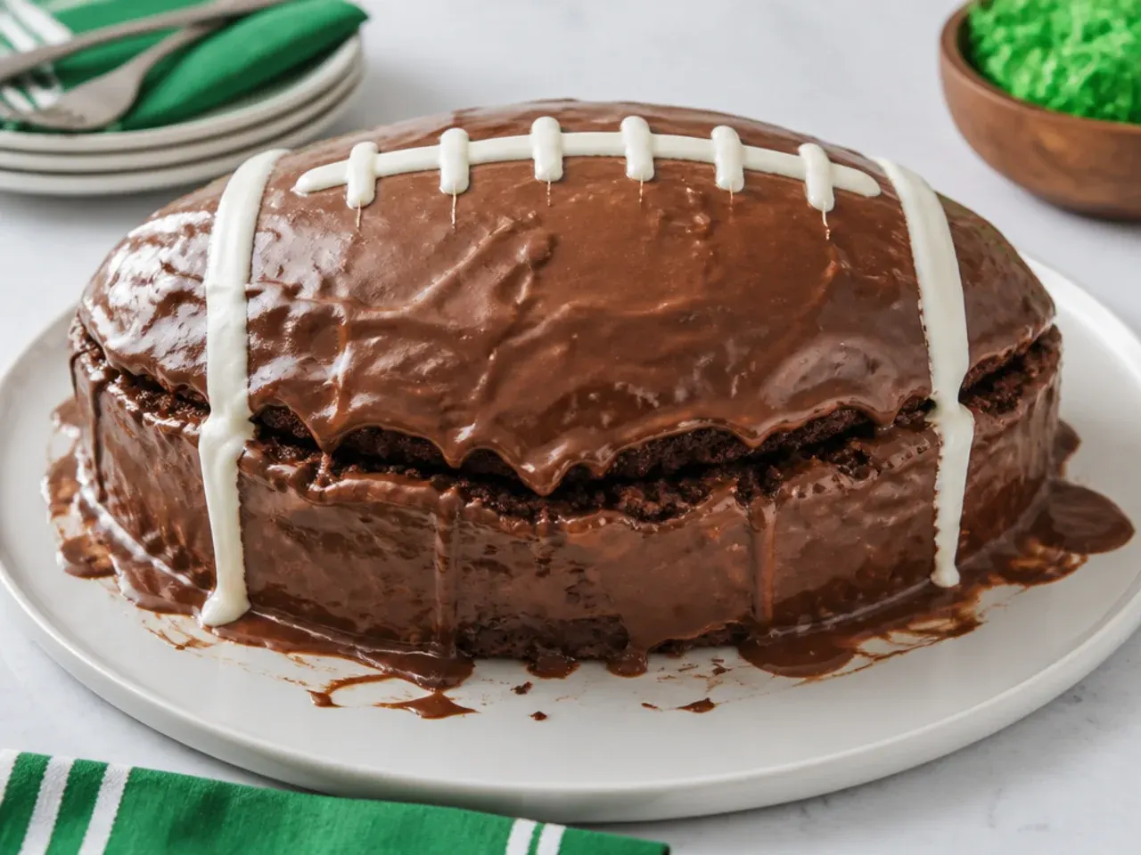 Football cake decorating mistakes shown with melted frosting and a split cake seam