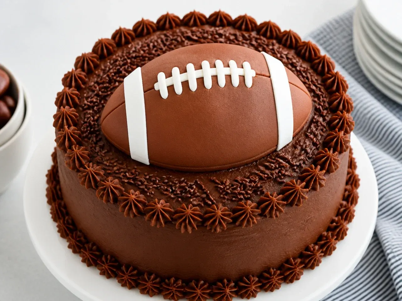 Fondant football cake topper with white piped laces on a chocolate cake