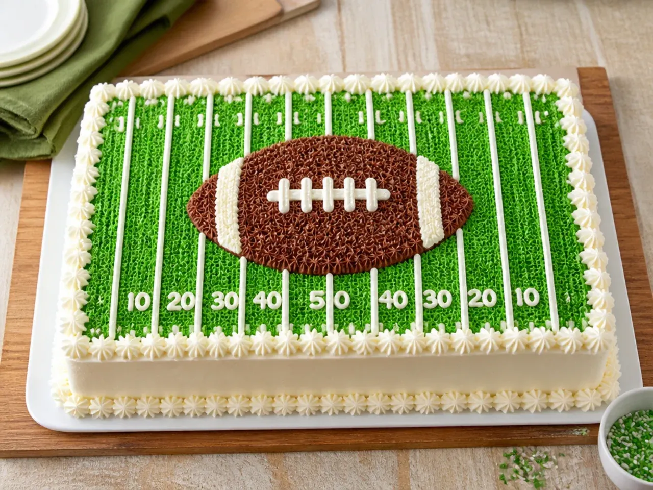 Easy buttercream football cake topper piped directly onto a sheet cake