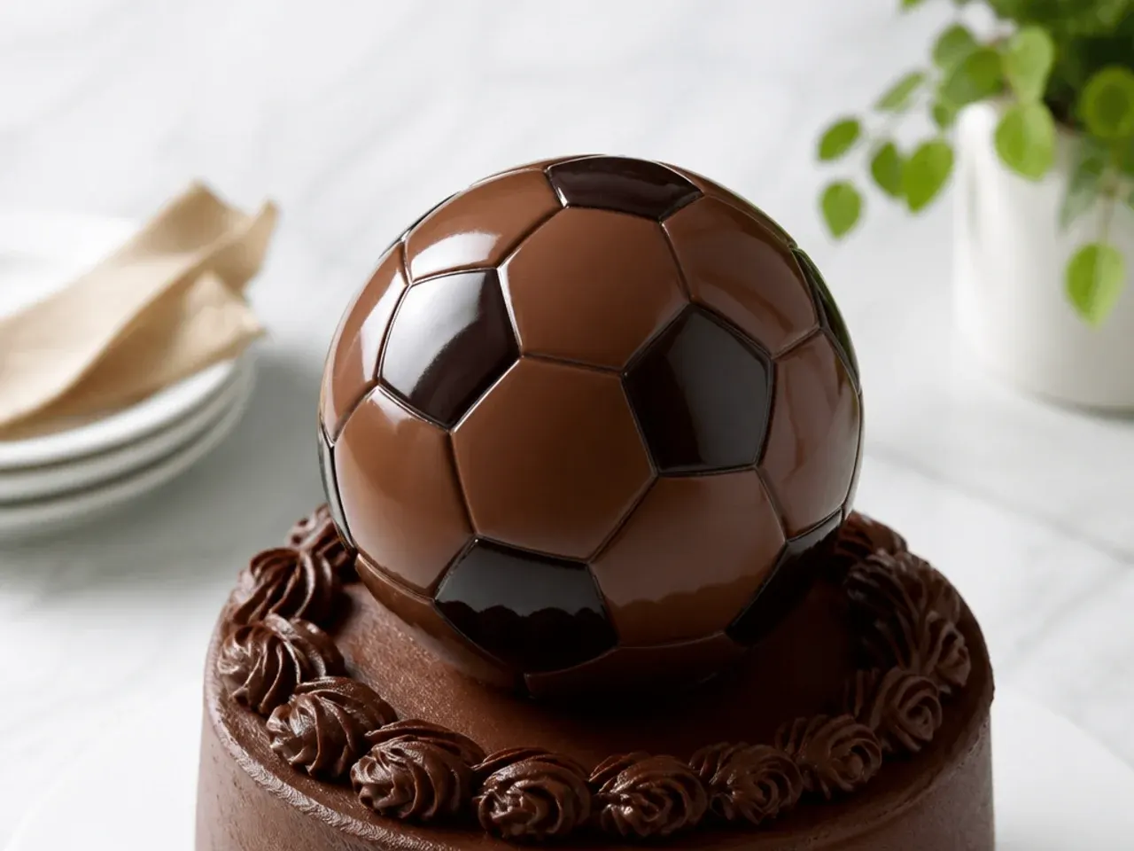 Elegant chocolate ganache football cake topper with glossy shell
