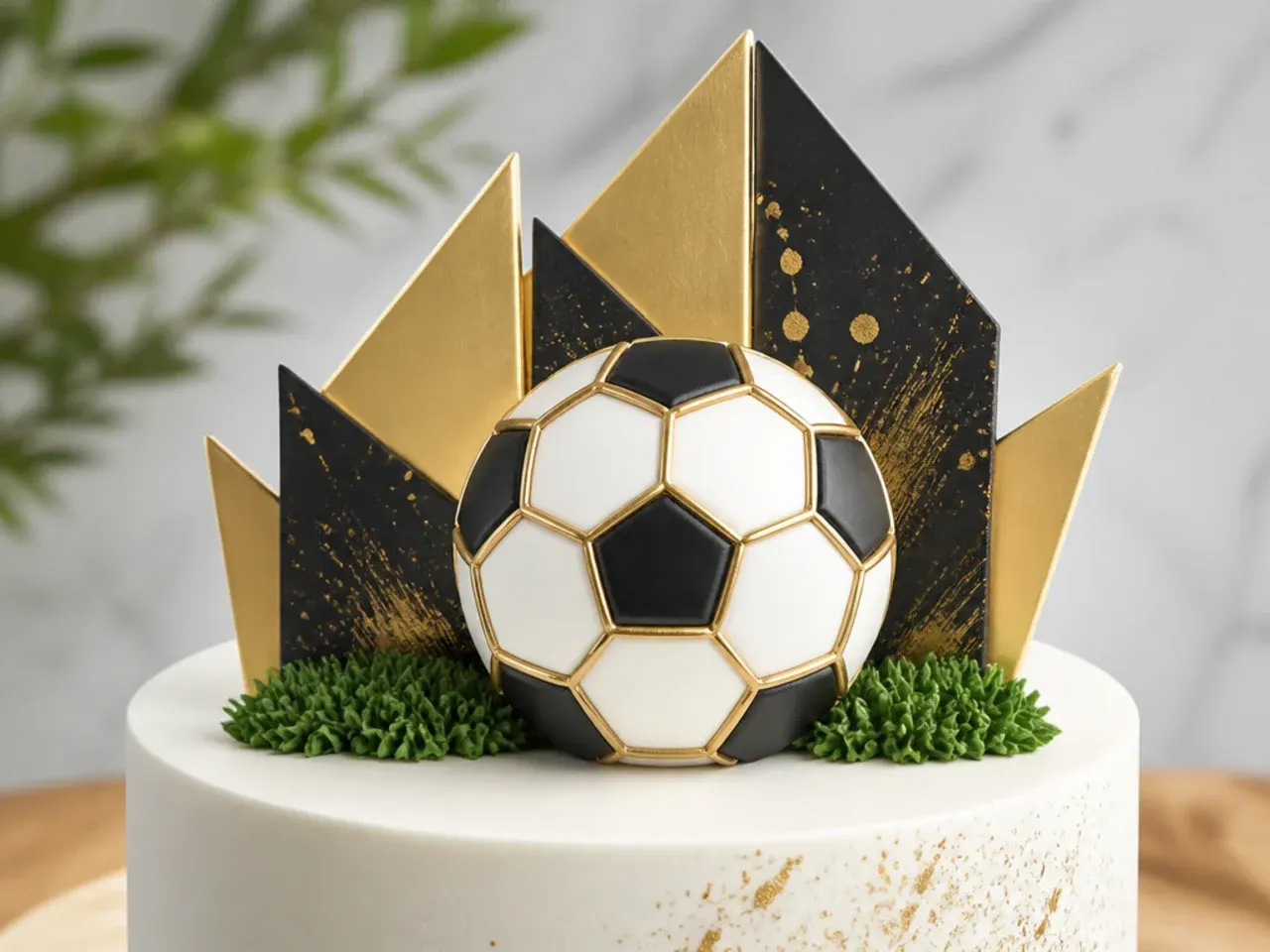 Modern geometric fondant football cake topper with gold accents