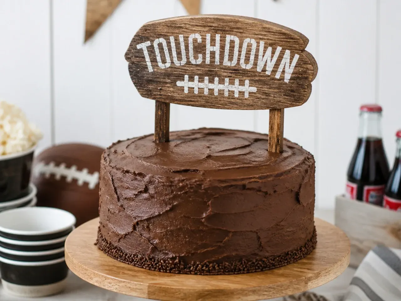 Rustic woodgrain football cake topper on a chocolate tailgate cake